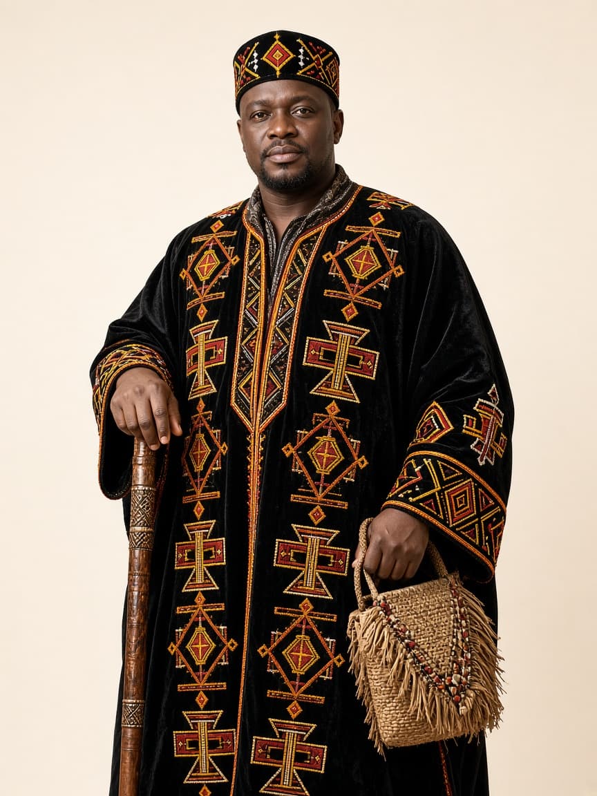 Black man in Mankon toghu royal attire with embroidered velvet, cap, staff, and raffia bag