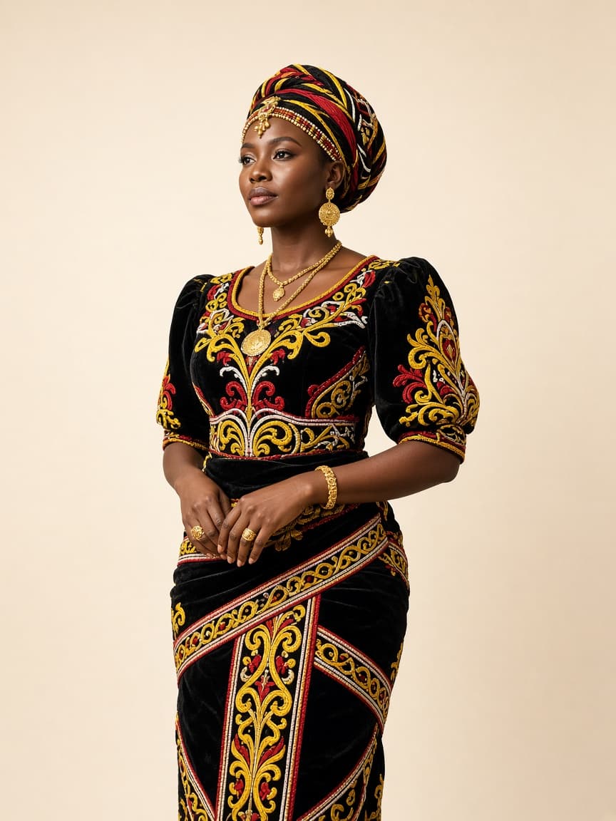 Black woman in Mankon toghu traditional dress with embroidered velvet and regal headwrap