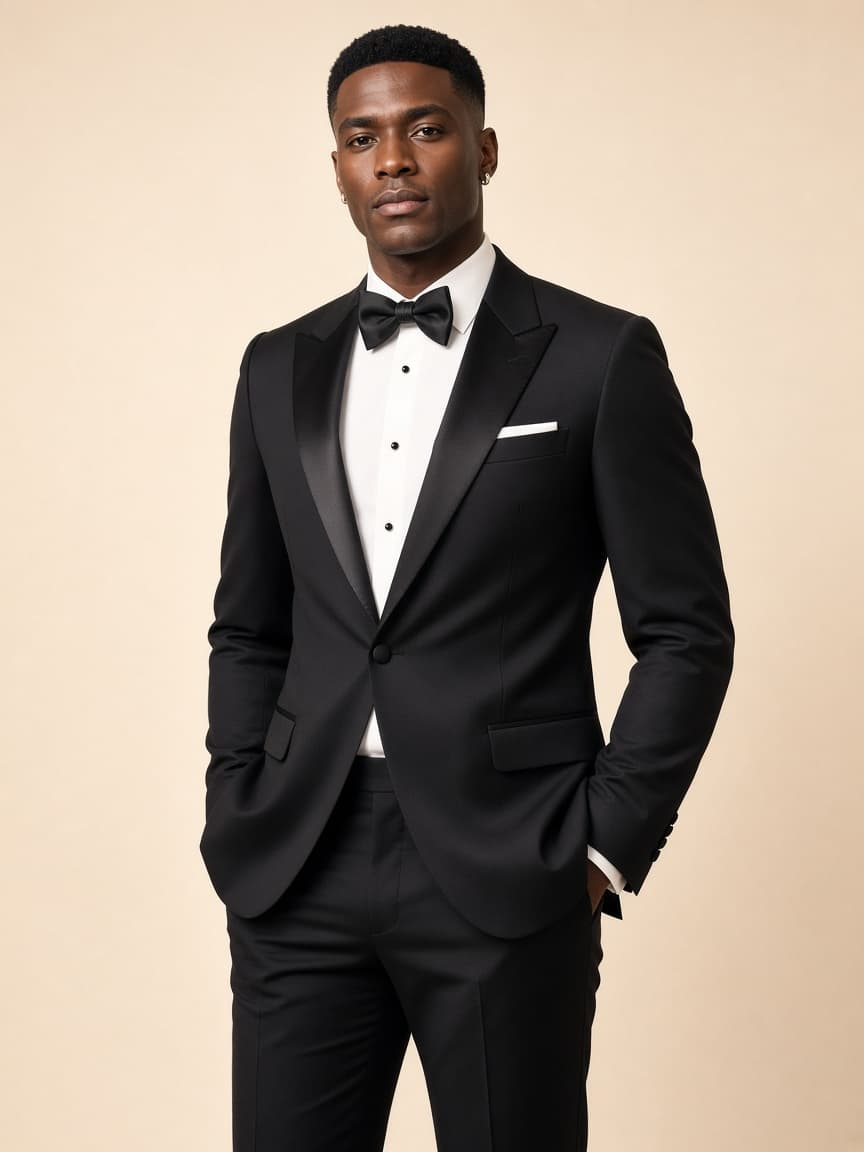 Black gentleman in a black-tie tuxedo for white wedding gala attire