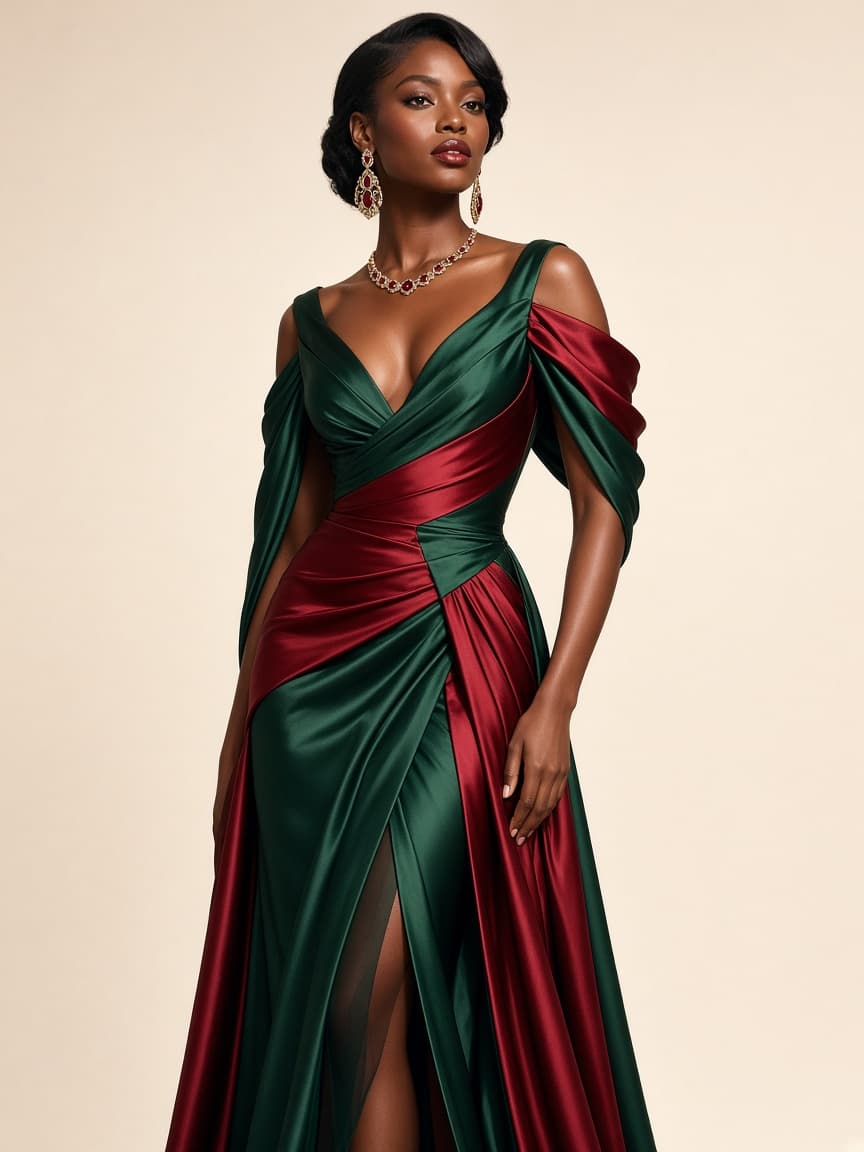 Black woman in a colourful red-carpet evening gown for white wedding glamour